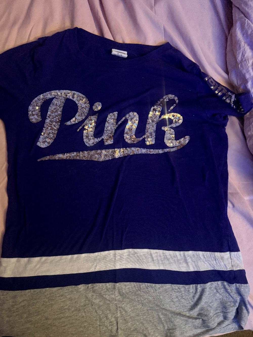 Victoria’s Secret pink top. Blue and grey. Size medium